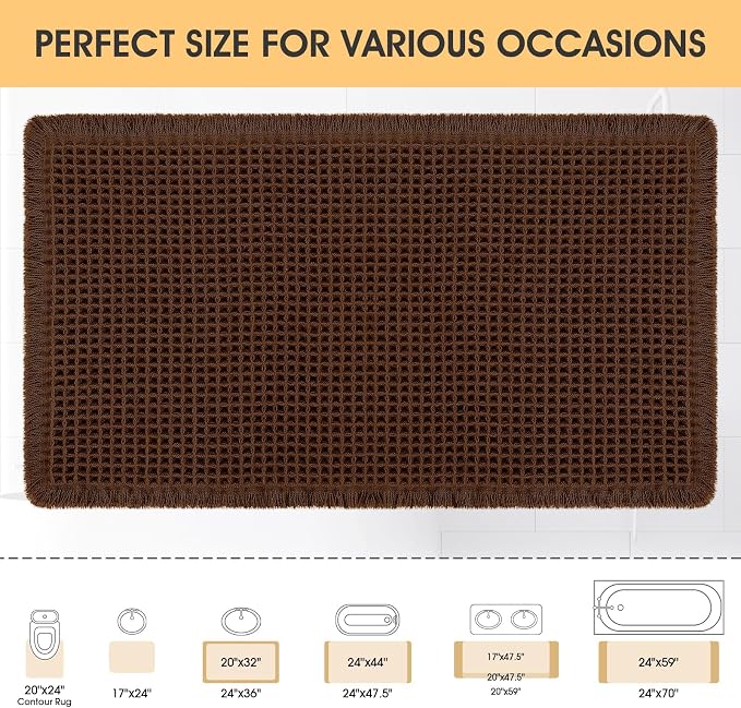 Waffle Bath Mat Brown 32"x20", Boho Woven Modern Bath Mat Rugs, Absorbent Non Slip Bathroom Rugs, Soft Washable Bath Rugs with Tassels for Bathroom, Bedroom, Kitchen, Shower, Tub