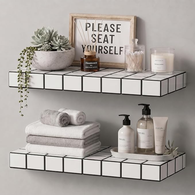 Floating Shelves, Set of 2, White with Black Lines | 15.7"W x 6.7"D x 1.5"H, set of 2, 25 lbs per shelf, 3D tile texture, splash-resistant, ~30 min assembly.