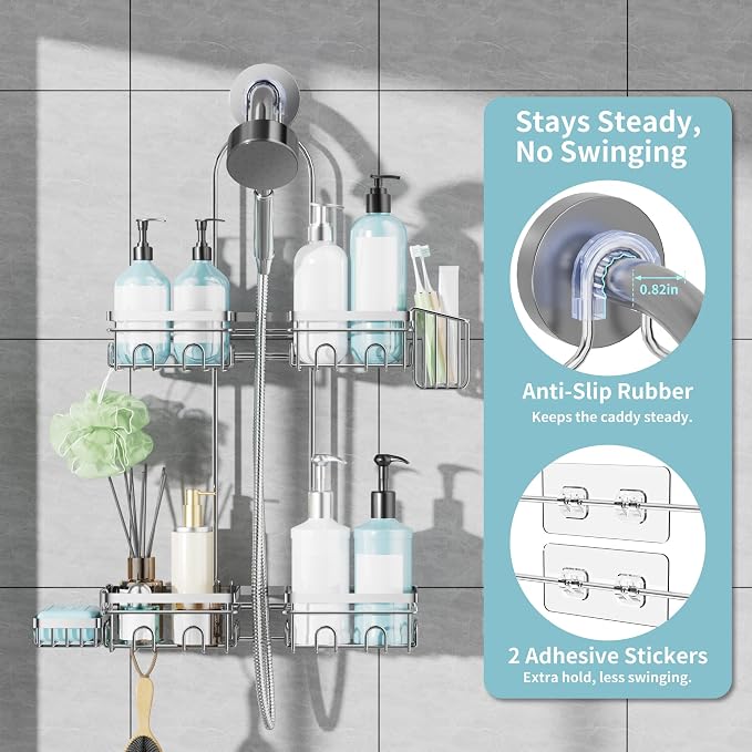 KEGII Hanging Shower Caddy for Handheld Showerheads, Silver | Rustproof Over Showerhead Organizer with Soap Dish, Toothbrush Holder and Hooks for Bathroom Shower Storage