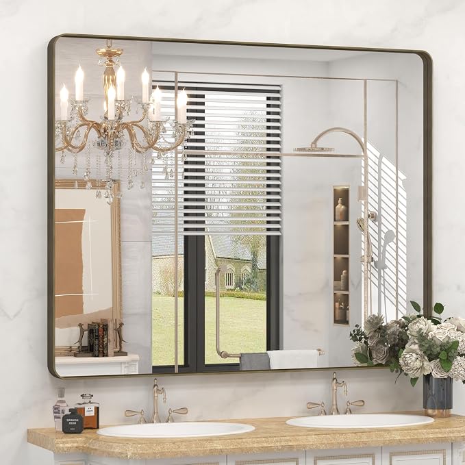 48x40 Inch Bronze Bathroom Mirror for Vanity | Brushed Bronze Metal Frame Mirrors for Wall, Rounded Rectangle, Shatterproof, Anti-Rust (Horizontal/Vertical)