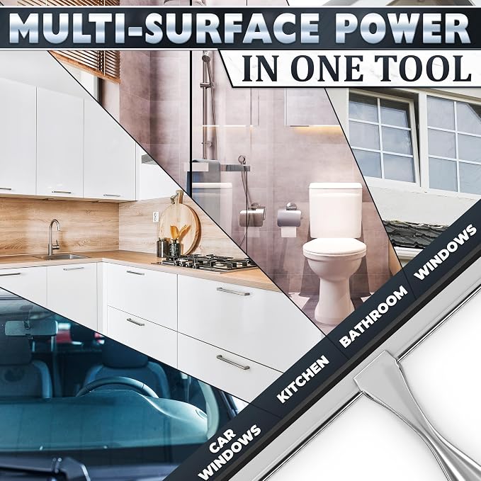 12 in Bathroom Squeegee for Shower Glass, Stainless Steel (Silver) | Shower Squeegee for Glass Doors, Silicone Blade, Adhesive and Hanging Hooks, for Bathroom, Mirror, Tile, Window, and Car