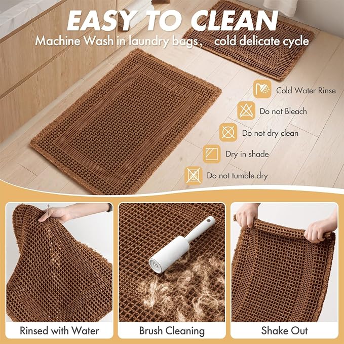 MIULEE Set of 2 Waffle Bathroom Rugs Caramel Boho Bath Mat 24x36 in | Looped Design, Super Absorbent, Non Slip, Washable, Ultra Soft, Rubber Backed, Bathroom Mats for Floor Tub Shower