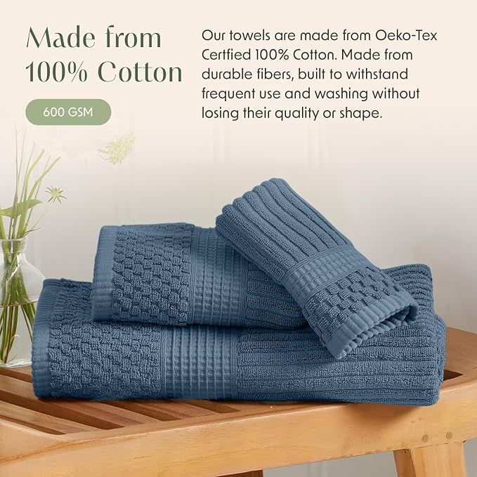 100% Cotton Bath Towel Set | 6-Piece Set | Textured | Ocean | Absorbent & Quick-Dry Bathroom Towels | Textured and Durable Cotton Towels for Bathroom | OEKO-TEX | Krista Collection