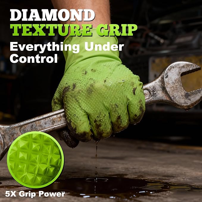 Heavy Duty Industrial Nitrile Gloves with Raised Diamond Texture, 8-mil, Latex Free (Green/Dark Green/Yellow)