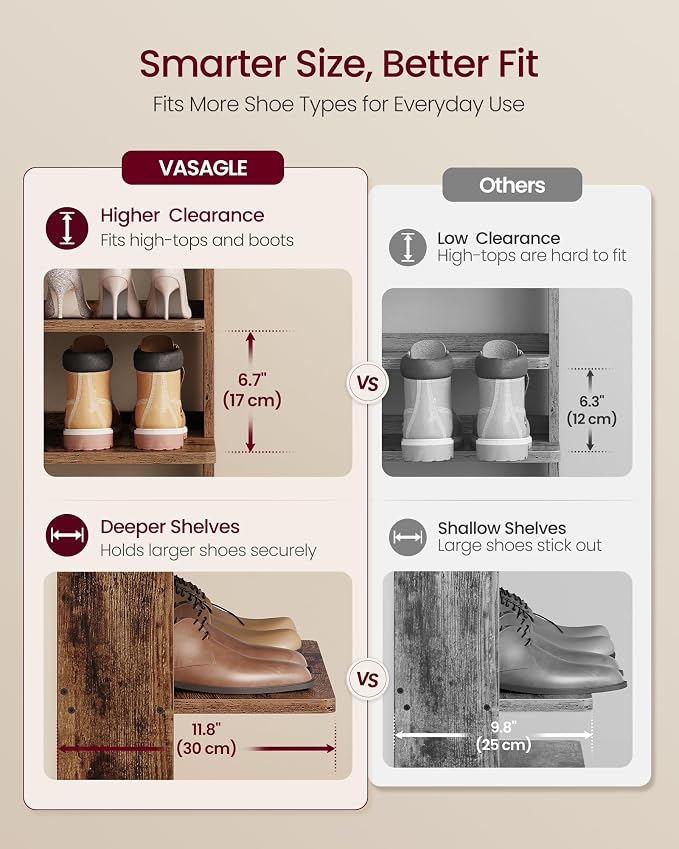 VASAGLE 7-Tier Vertical Shoe Rack, Narrow Shoe Storage Organizer with Hooks | Slim Corner Tower Shelf, Space Saving for Entryway and Bedroom, Rustic Brown, ISLAND Collection ULBS220KD01