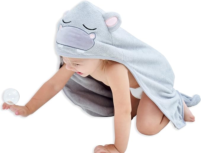 HIPHOP PANDA Ultra Soft Hooded Baby Towel - 2-Layer Thick 500GSM Absorbent | Rayon Made from Bamboo, Hooded Bath Towel for Newborn, Infant, Toddler, Baby Registry - Hippo, 37.5x37.5 In