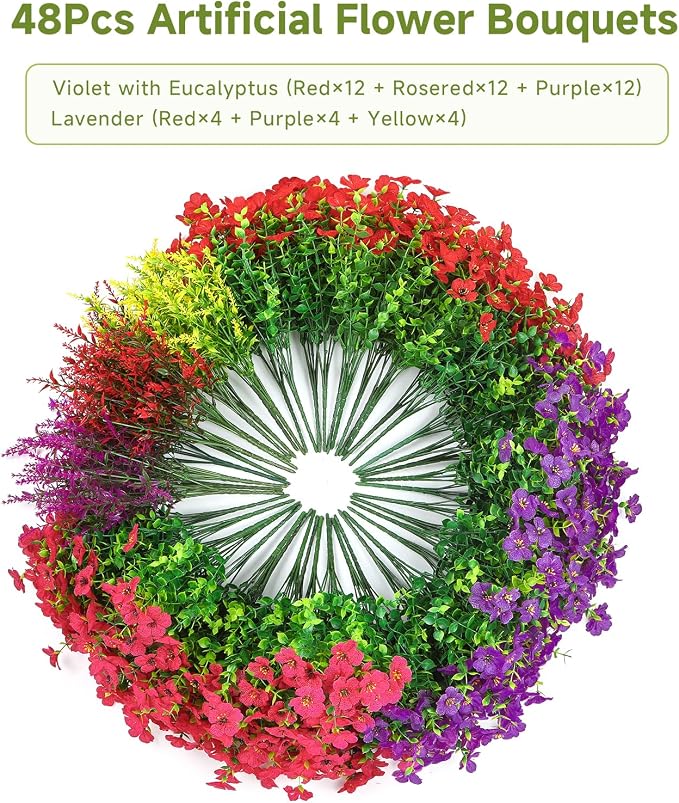 SHareconn 48 Bundles Artificial Flowers for Outdoors UV Resistant Decor | Realistic Silk Violet Lavender, UV Resistant Fake Flowers, Ideal Spring Decor for Patio Porch, Yard Planter & Home, 3 Colors