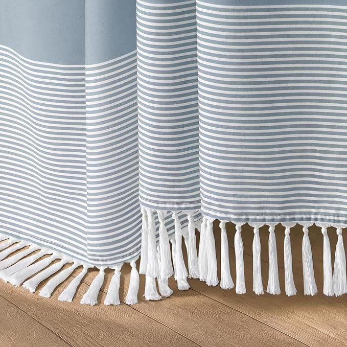 Blue Coastal Ocean Cotton Striped Shower Curtain with Tassel 72"W X 72"L | Boho Farmhouse Shower Curtains for Bathroom with Soft Cotton Feel
