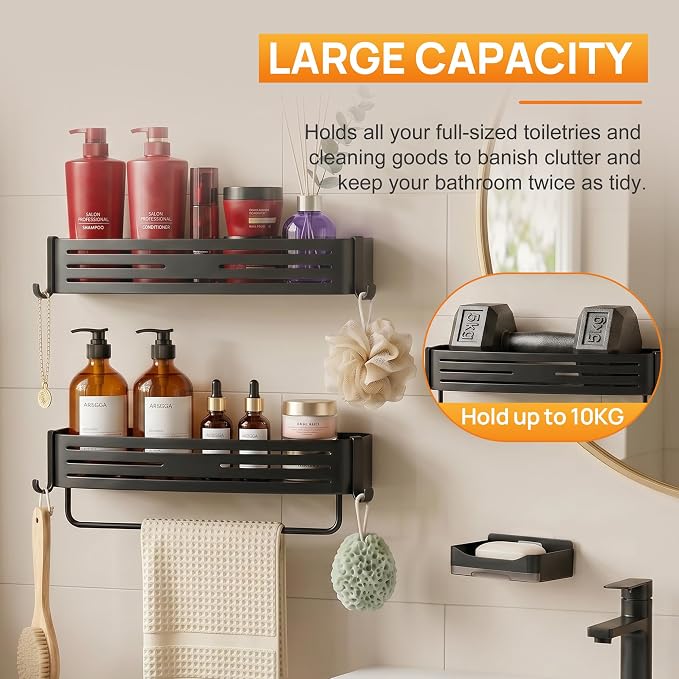 Black Adhesive Square Shower Caddy with Towel Bar, Soap Holder and Hooks | Adhesive black shower basket with towel bar, soap holder and hooks for smooth tile, glass, stainless steel and bathroom walls