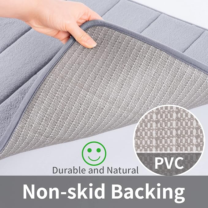 ROSMARUS Memory Foam Bath Mat, 20''x32'', Grey | Water Absorbent, Ultra Soft, Non Slip, Thick Foam, Bathroom Rugs for Floor & Tub, Machine Washable Care