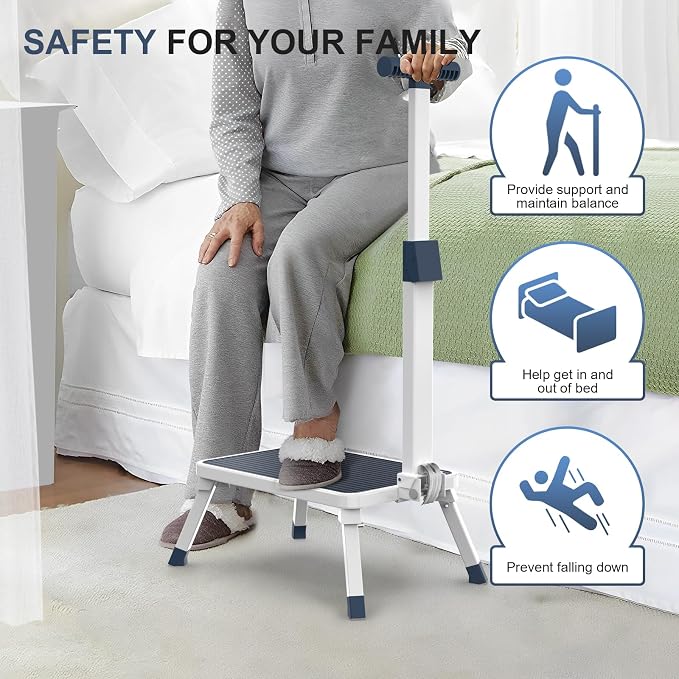 Folding Step Stool, Step Stools with Handle for Elderly Adults | Easy Assmbly, Lightweight Metal Stepping Stool with Adjustable Handrail in Kitchen, Bathroom, Bedroom, 330 Lbs Capacity
