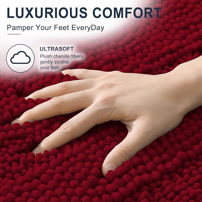 Smiry Thick Chenille Bathroom Runner Rugs 44x24, Absorbent Bath Mat, Red | Quick‑Dry & Machine Washable, Non‑Slip Bath Carpet, Soft Striped Bath Rugs for Tub & Shower, Modern Home Decor Accessories