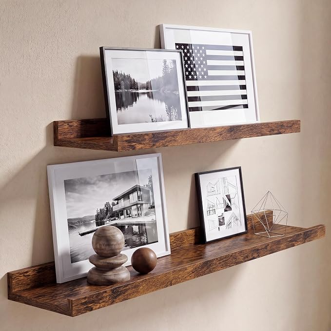 Brown Picture Ledge Shelves for Wall, 4.5" Deep Wood Floating Shelves with Lip for Bedroom, Living Room, 24" Width, Color Brown Set of 2