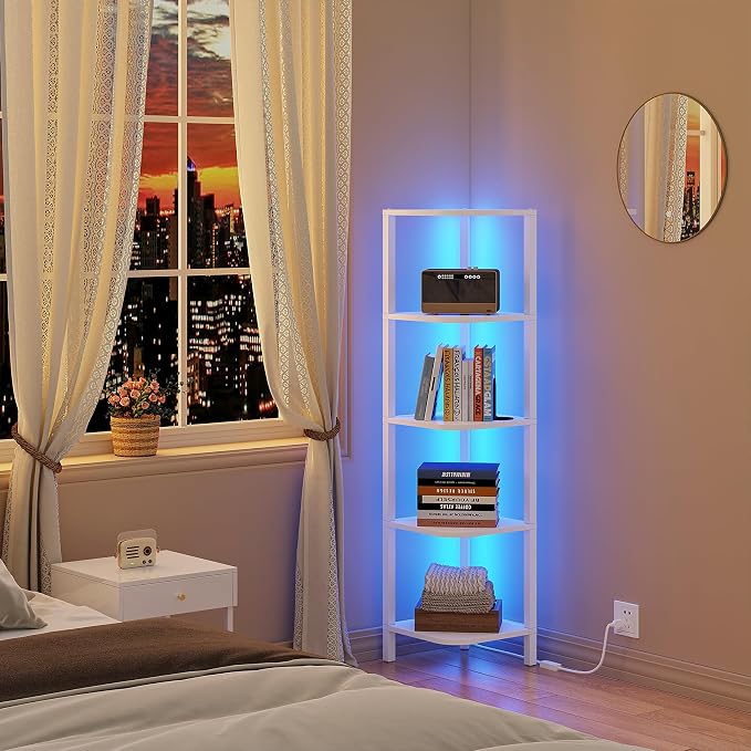 TUTOTAK Corner Shelf with LED Light, 5-Tier Corner Bookshelf | for Small Space, Narrow Display Corner Shelf Stand with Storage Rack, for Living Room, Bedroom, White BS08BW005L