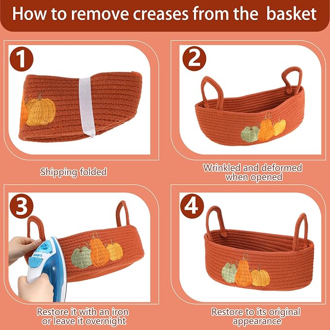 Vesici Pumpkin Basket Cotton Rope Bathroom Storage with Handle Fall | Boho Woven Organizer with 3 Pumpkin Charms, Holds Toilet Paper Toiletries, Orange Halloween Decor, 13x6x4 in