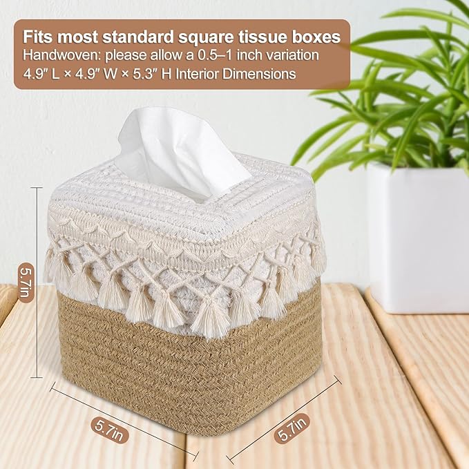 Boho Tissue Box Cover: Natural Handwoven Square Cover for Bathroom | Open-Bottom Design with Tassel, For Kitchen, Tabletops, Home & Office, Farmhouse Decor