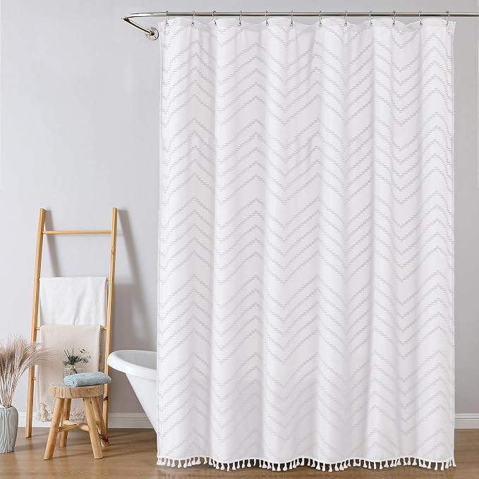 Extra Long White Boho Shower Curtain, Chic Tufted Chevron Striped Textured Cloth Fabric Shower Curtains with Tassel for Bathroom, Soft Hotel Style Farmhouse, Machine Washable, 72x96