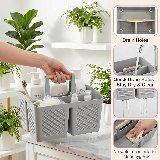 Plastic Light Gray Shower Caddy Basket with 3 Compartments, Portable Divided Bathroom Cleaning Caddy Organizer Storage Tote with Handle for Dorm, College, Room Essentials