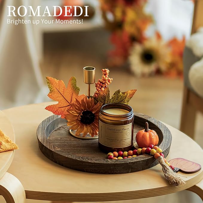 Romadedi Farmhouse Wooden Candle Tray, 11 Inch Round | Wood Decorative Pillar Candle Tray, For Coffee Table, Kitchen Countertop Organizer, Home Decor Wedding Centerpiece