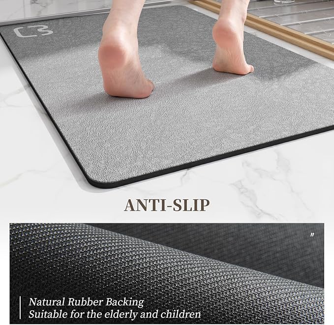 Diatomaceous Earth Bath Mat Stone Bath Mats for Bathroom,15.7"x23.6",Grey | Non Slip Rubber Backed Quick Dry Bathroom Rugs Super Absorbent Low Pile Diatomite Stone Bathroom Mat Fit Under Door Floors