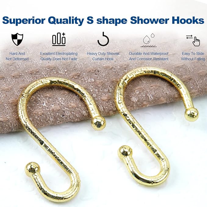 TOPROD S Shaped Shower Curtain Hooks Rings Shower Curtain Hangers S Hooks | Gold,Stainless Steel,Rust Proof,Durable,Free Gliding,Kitchen, Wardrobe,Set of 12