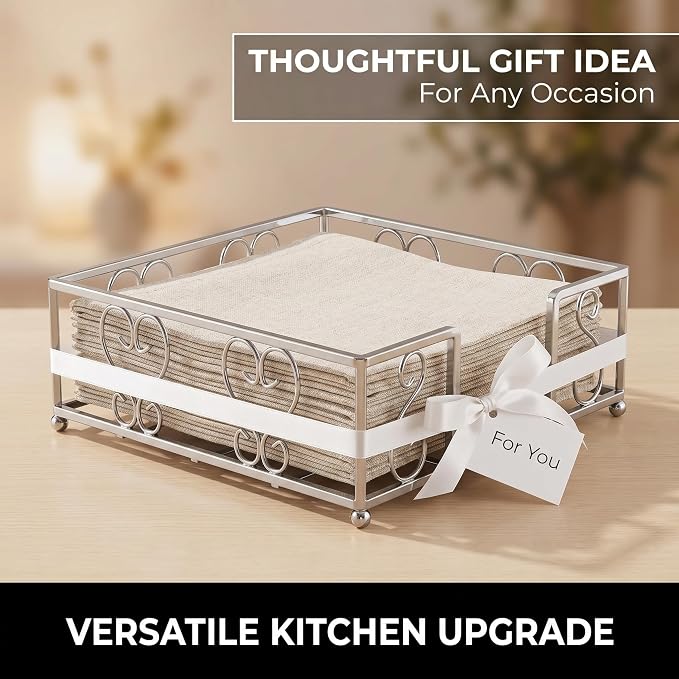 Flat Napkin Holder for Table, Silver Metal Weighted Paper Caddy | Lunch Napkins, Dinner Napkins & Everyday Use