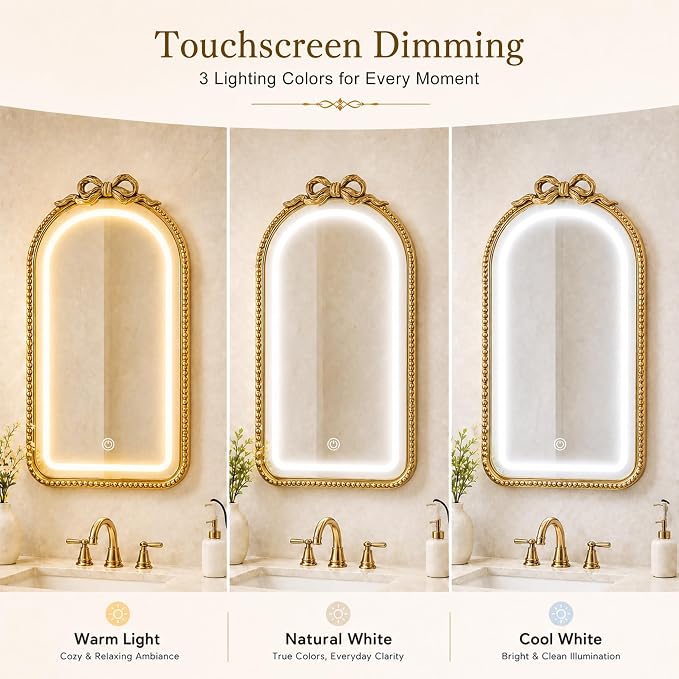 Vanity Mirror with Lights,LED Bathroom Mirror 31x20 Gold Bow Mirror | Mirror with Lights, LED Mirror, Bathroom Mirror with Lights, Lighted Mirror, Gold Bathroom Mirror,Vanity Mirror for Bathroom