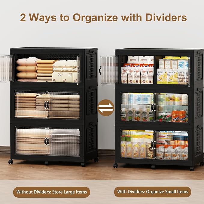 SAILUN 579Qt Stackable Storage Bins,Storage Cabinet with a Lid,3 Pack Black | Stackable Storage Drawers with Lids,33.5" W x 19" D x 53" H,Featuring open-front Access for Clothes and Closet Storage