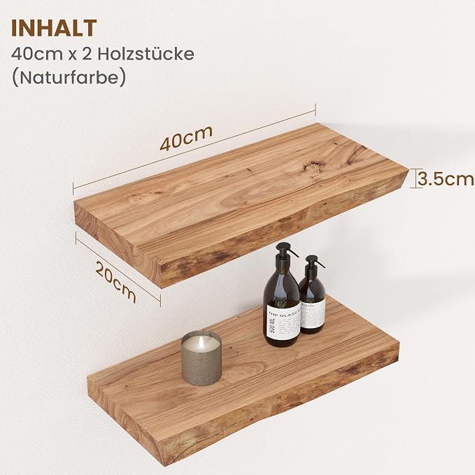 Floating Shelves for Wall Decor, Rustic Solid Elm Wood Live Edge Floating Shelves Wall Mounted, Wall Shelves with Invisible Bracket for Living Room Bathroom Bedroom Kitchen, 16 Inch Set of 2, Natural