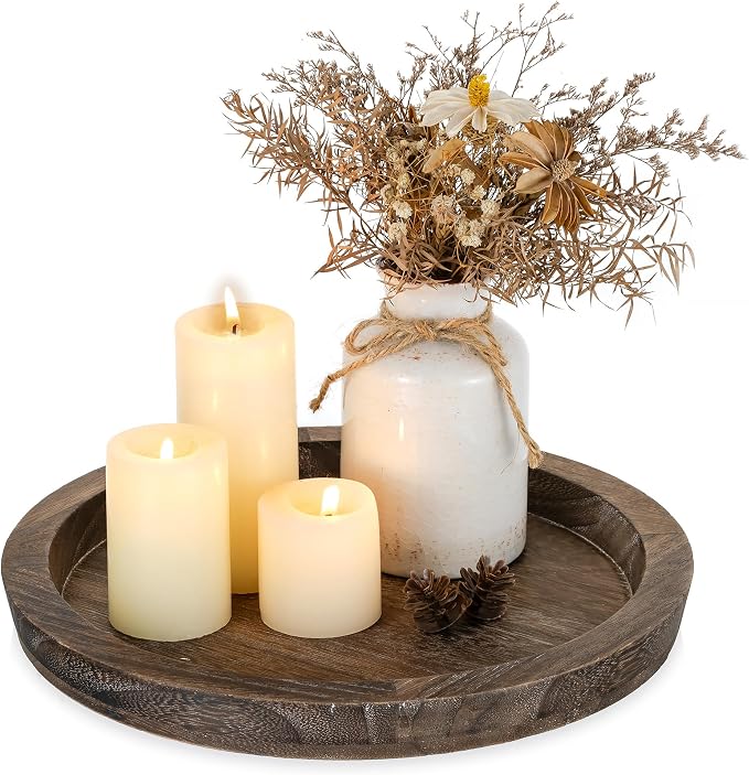 Romadedi Farmhouse Wooden Candle Tray, 11 Inch Round | Wood Decorative Pillar Candle Tray, For Coffee Table, Kitchen Countertop Organizer, Home Decor Wedding Centerpiece