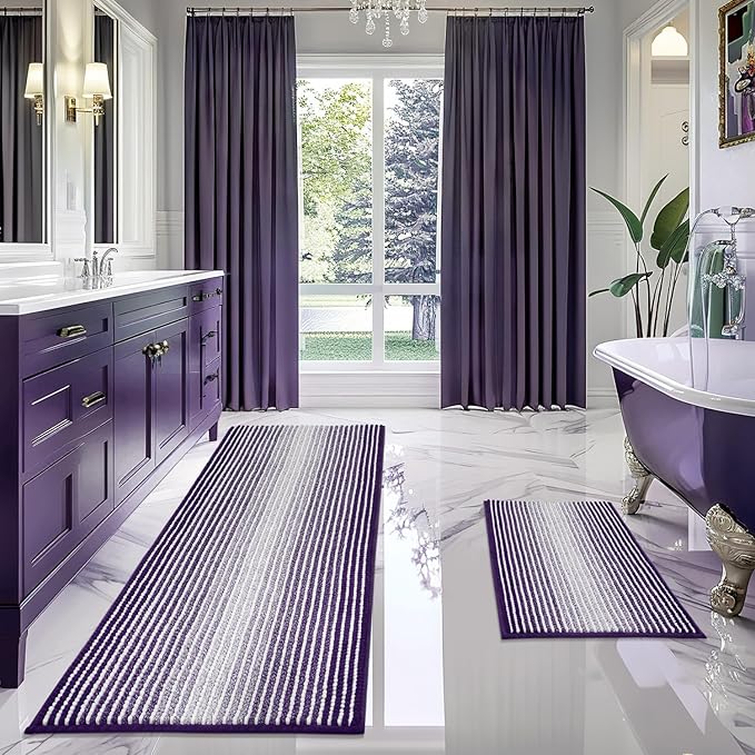 Bathroom Rugs and Mats Sets, 2 Piece Thick Absorbent Chenille Bath Mat Rug Set Non Slip, Soft Shaggy Bath Room Floor Mats for Bathroom, Machine Washable (Mauve Wine, 24" x 70" Plus 20" x 32")