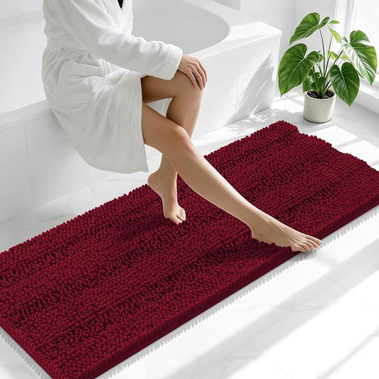 Smiry Thick Chenille Bathroom Runner Rugs 47x20, Soft Bath Mat, Burgundy | Quick‑Dry & Machine Washable, Non‑Slip Bath Carpet, Striped Bath Rugs for Tub & Shower, Modern Home Decor Accessories