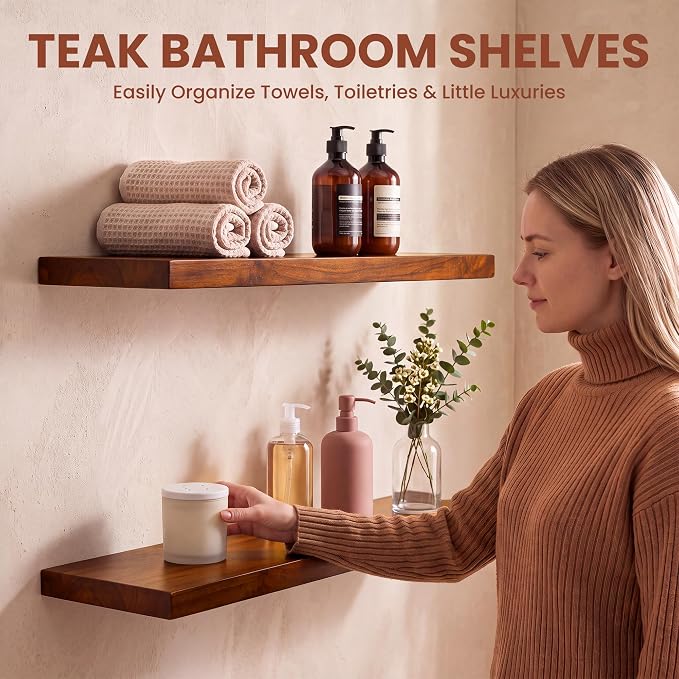 24 Inch Teak Floating Wall Shelves Set of 2 | Weather Resistant, Heavy Duty Hidden Brackets, Natural Wood Grain, Wall Storage For Bathroom, Kitchen, Living Room & Outdoor
