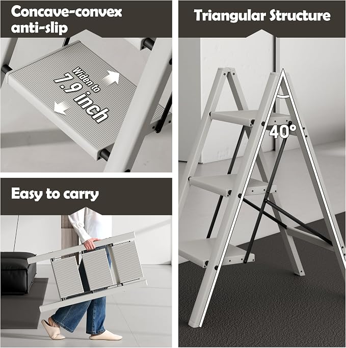 Taranta 3 Step Stool Foldable,Aluminum Step Ladder-Misty Gray | Lightweight,Wide Anti-Slip Pedals,Folding Step Stool,330lbs Capacity for Household,Kitchen,Office