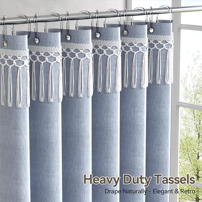 AmazerBath Blue Boho Shower Curtains for Bathroom, Farmhouse Shower Curtain with Top Tassels, Blue Shower Curtain Set, Faux Linen Fabric Shower Curtain with 12 Hooks, Hotel Quality, 72x72 Inches