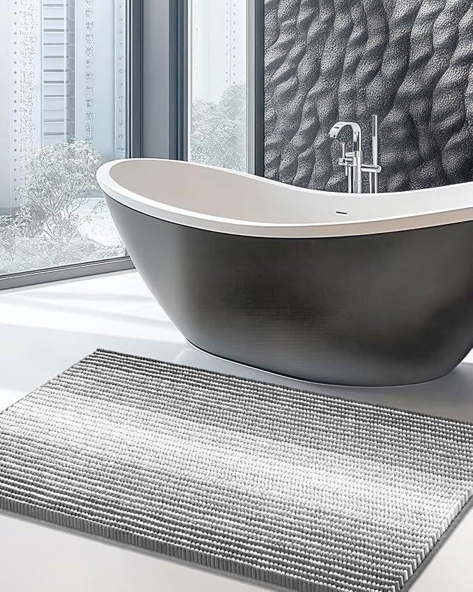 Chenille Bathroom Rugs, 24 x 43 Inches Non Slip Absorbent Bath Mat, Soft Shaggy Shower Bath Floor Mats for Bathroom, Machine Washable(Grey)