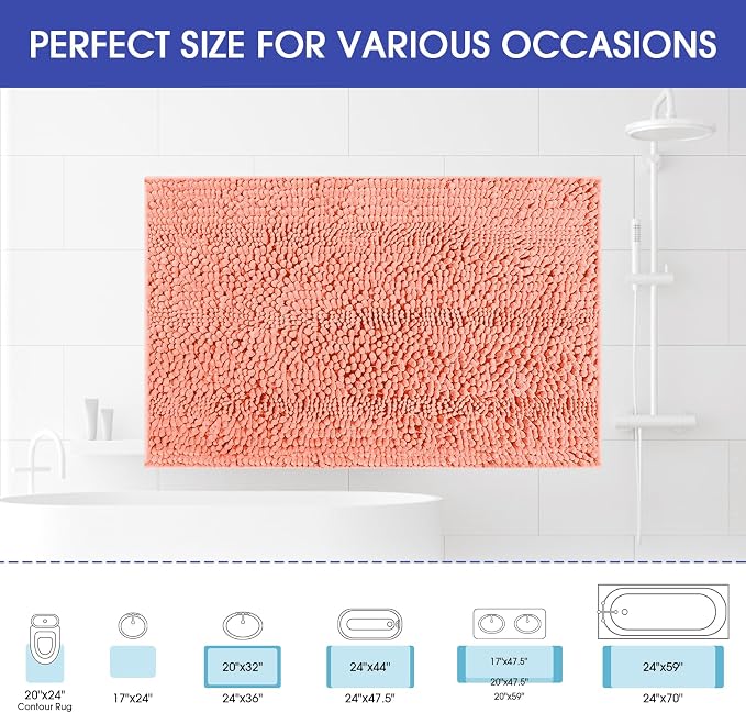 Striped Coral Bathroom Rug Mat 48"x17" Ultra Soft, Non Slip Chenille Bath Rugs, Absorbent Plush Shaggy Bath Mats for Bathroom, Bedroom, Kitchen, Shower, Tub
