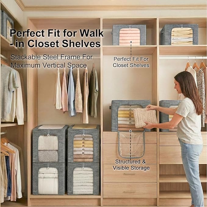 GoMaihe Baby Clothes Storage Bins with Metal Frame 27L 3-Pack Grey | Kids Toddler Child Clothing & Towels Small Items, Closet Top Shelf Boxes, Collapse-Proof Stackable, Clear Window Dual Access