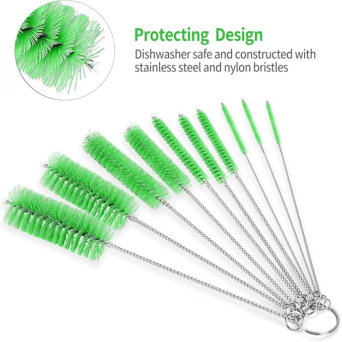 CiaraQ Bottle Cleaning Brushes, 8 Inch Nylon Tube Brush Set | Green Cleaner for Narrow Neck Bottles Cups with Hook, Set of 10pcs.