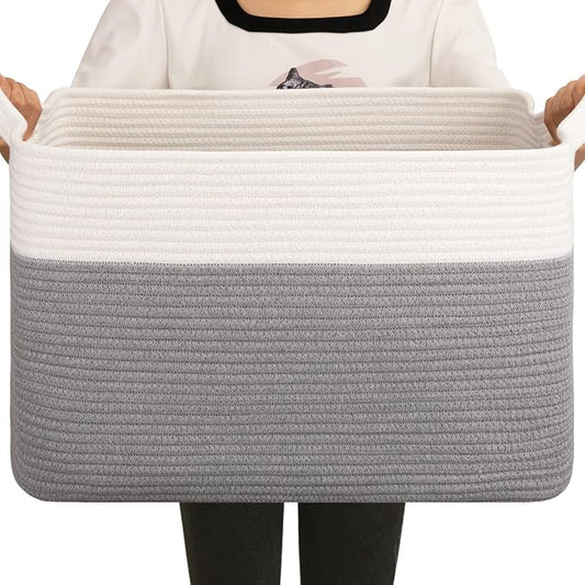 OIAHOMY Large Blanket Basket, 65L Cotton Rope Woven Laundry Basket, Toy Bin for Baby Room, Container for Blanket Storage in Living Room, 20''×16''×12'', Grey & White