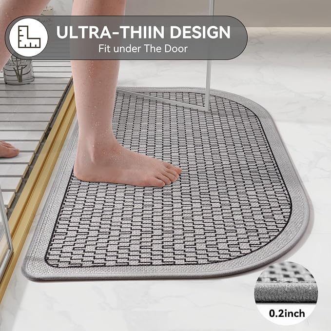 Half Circle Bath Mat, Thin Bathroom Rugs Fit Under Door, Grey 20x31 | Non Slip, Quick Dry Absorbent, Rubber Backing Washable, Semi Circle Bathmat for Bathroom Floor, Tub and Shower, Home Decor