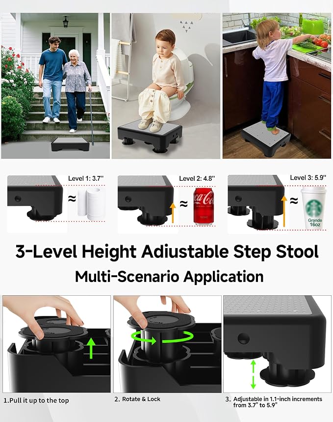 Adjustable Step Stool for Adults, Toddler Step Stools, 660 LBS Capacity Non-Slip Safety Step Platform for Elderly and Kids, Portable Stair Assist for Cars, Bedside, Kitchen, and Shower, Grey