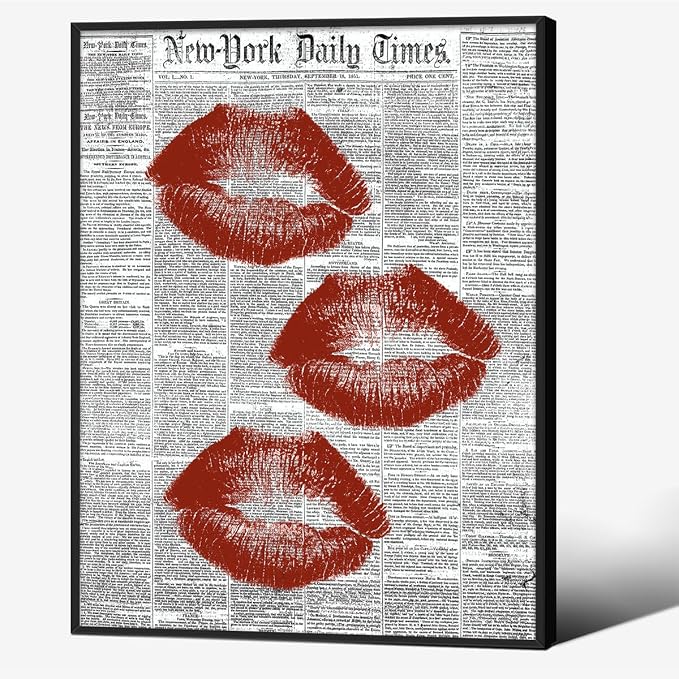 Black White Newspaper Canvas Wall Art Fashion Red Kiss Lips Aesthetic Poster 12X16 inch Black Framed Trendy Girly Sexy Canvas Prints for Bar Cart Makeup Room Wall Decor