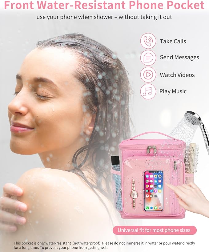 CUBETASTIC Mesh Shower Caddy Bag Portable - Large Capacity Shower Bag with Waterproof Phone Pocket & Sturdy Hook, Dorm Shower Caddy for Travel, Gym, College Essentials for Women & Men (Pink, M)