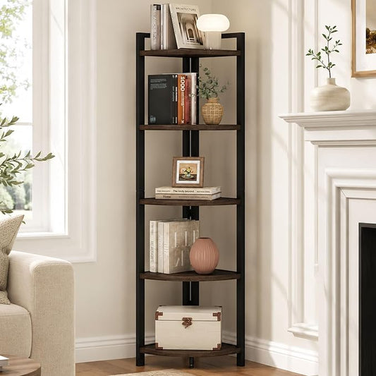 Rustic Tall Corner Shelf, 5 Tier Industrial Corner Bookshelf for Living Room, Dark Wood and Metal Corner Plant Stand for Home Office (Walnut Brown)