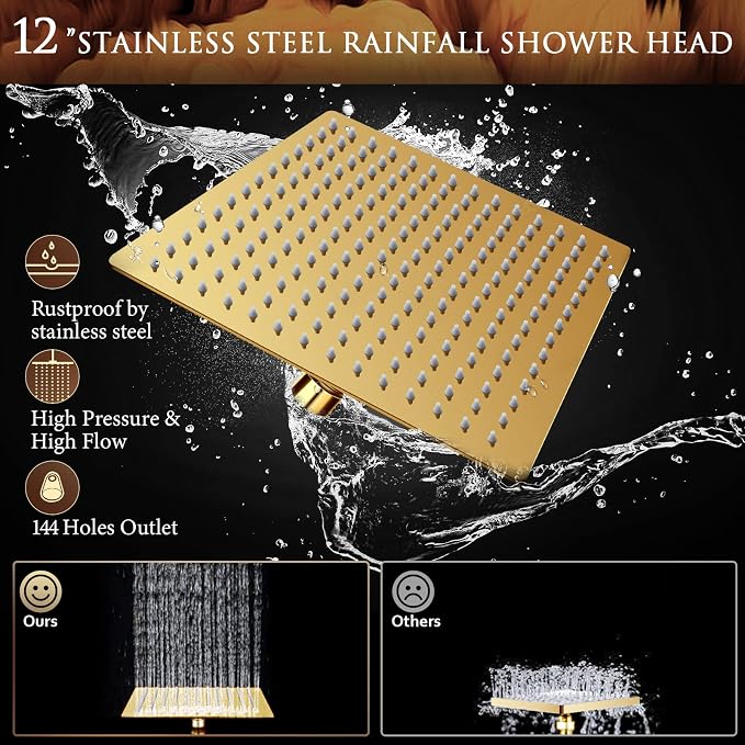 12'' Gold Shower Head with 11'' Extension Arm and 5 Setting Handheld shower | High Pressure Rainfall Shower Head Combo with Handheld, High Pressure Rain Showerhead with 60 Inch Shower Hose. Anti-Leak