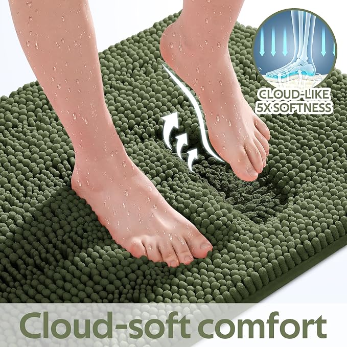 Christmas Striped Olive Green Bathroom Rug Mat Set 2 piece 32"x20"+60"x20" Ultra Soft, Non Slip Chenille Bath Rugs, Absorbent Plush Shaggy Bath Mats for Bathroom, Bedroom, Kitchen, Shower, Tub