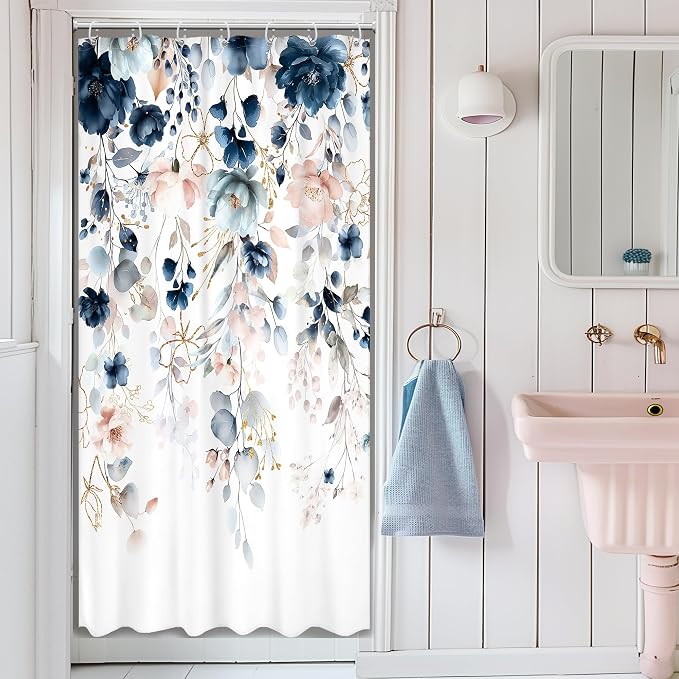 Small Stall Floral RV Blue Pink Bathroom Shower Curtain Set | 36"W x 72"L Flower Watercolor look, waterproof HD printed shower curtain, quick-dry fabric and free hooks.