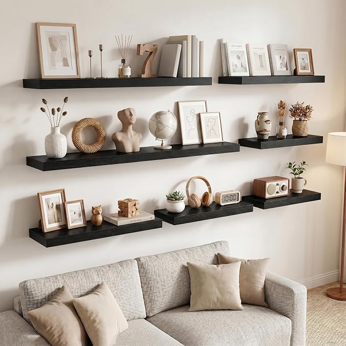 9.25in Depth 55in Floating Shelves, 55"W x 9.25"D x 1.5"H, Black, 2Pcs | Long Wall Mounted Engineered Wood Shelves for Wall with Invisible Brackets for Living Room, Bedroom, Bathroom, Kitchen