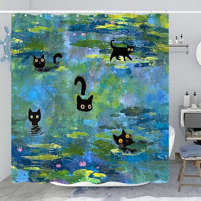 Accnicc Cute Cat Shower Curtain Funny Fun Cool Cats Monet Shower Curtains for Bathroom Water Lilies Waterproof Fabric Bath Curtain Decor 72 X 72 Inch